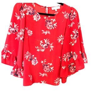 HAYDEN LOS ANGELES RED FLORAL CROPPED 3/4 SLEEVES W/FLOUNCE BUTTON/LOOP SIZE M